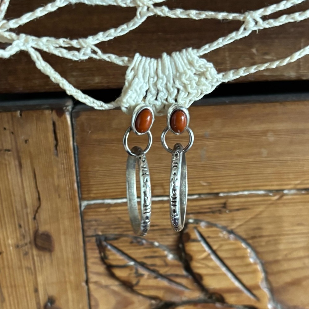 Silver Toned Hoop Earrings with Brown Stone Accent - Women Jewelry